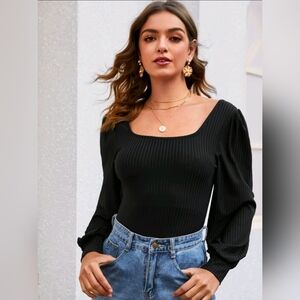 Chic Black Ribbed Square Neck Top with Puff Sleeves - Size S/M